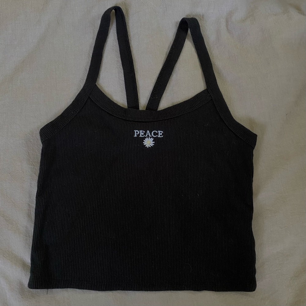Hippie Rose Black Tank Top with Peace Embroidery